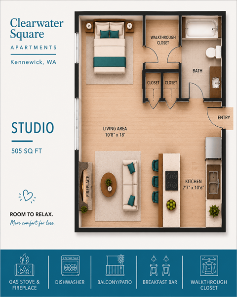 Floor plan for studio, 1 bath, 505 sqft